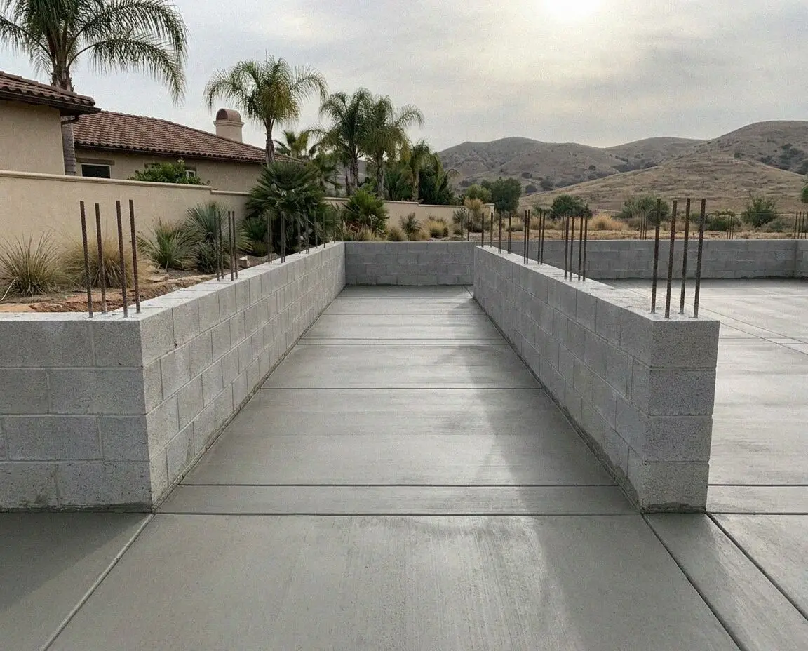 Open footing trench with tied rebar beside a house in Orange, CA