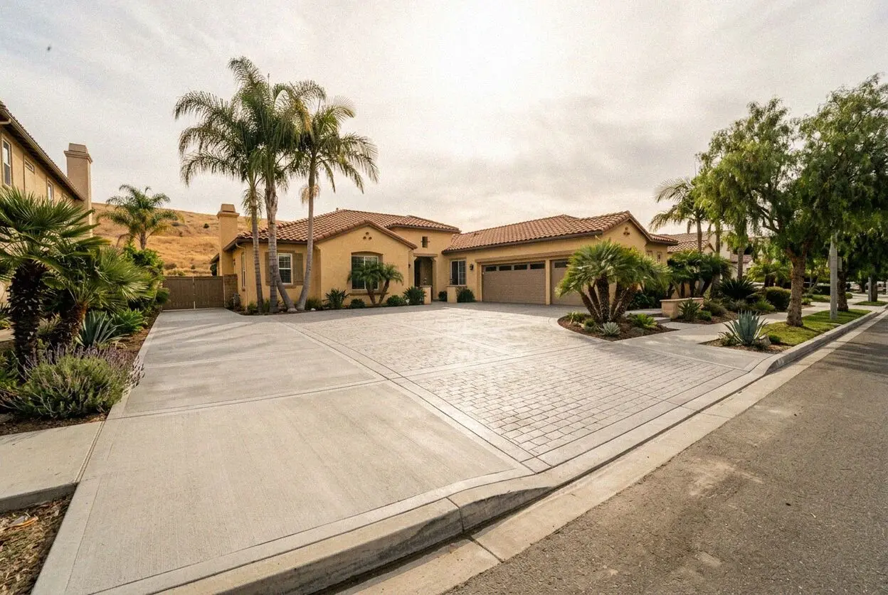 Finished concrete driveway at a bungalow on an Old Towne street in Orange