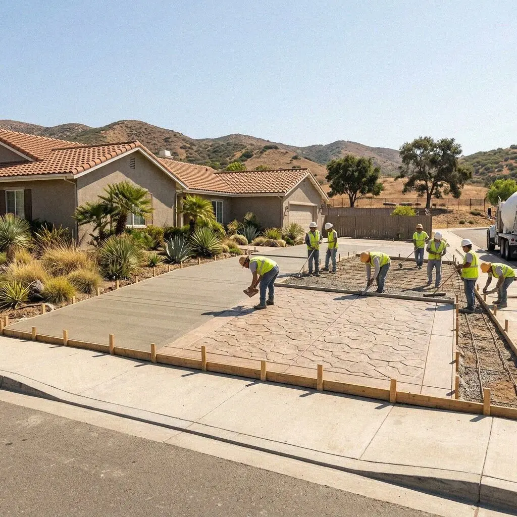 Concrete crew forming a new front walk on a street in Orange, CA
