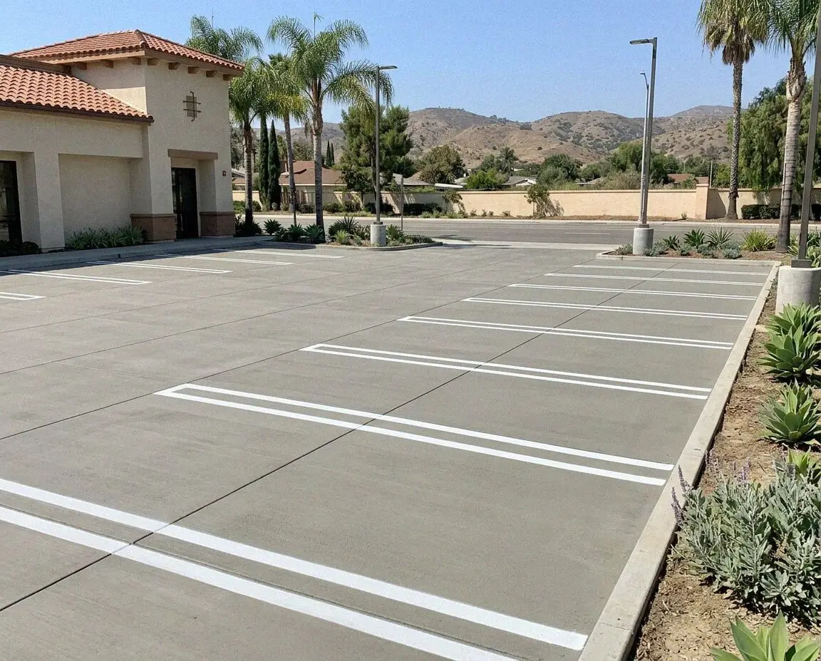 Newly striped concrete parking lot outside a shop in Orange, CA