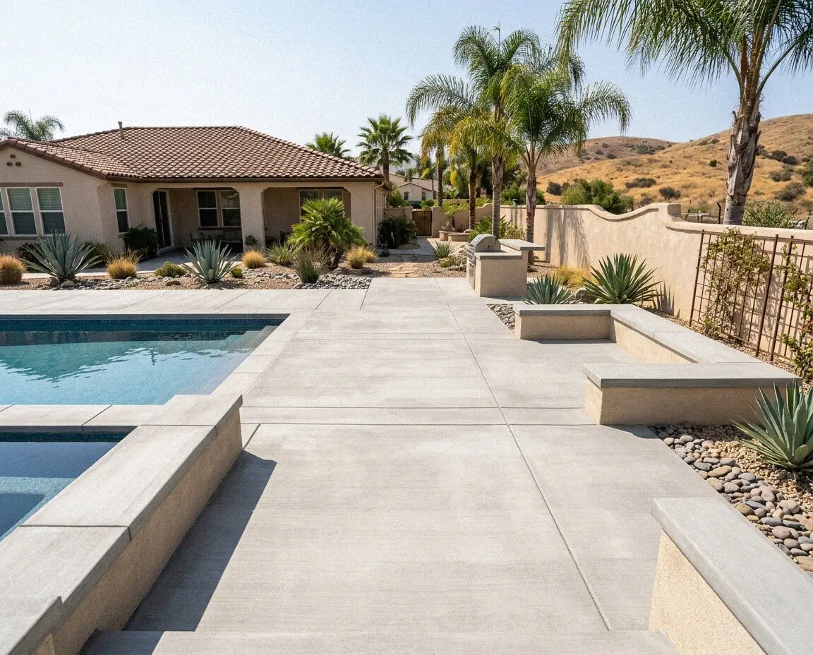 Newly poured concrete deck wrapping a backyard pool at a home in Orange