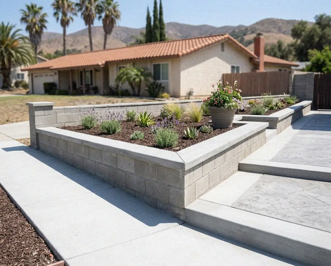 Poured concrete retaining wall holding a raised bed in Orange, CA