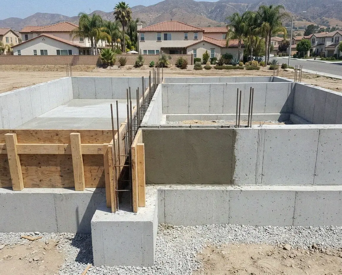 Poured stem walls with rebar standing on a cleared lot in Orange, CA