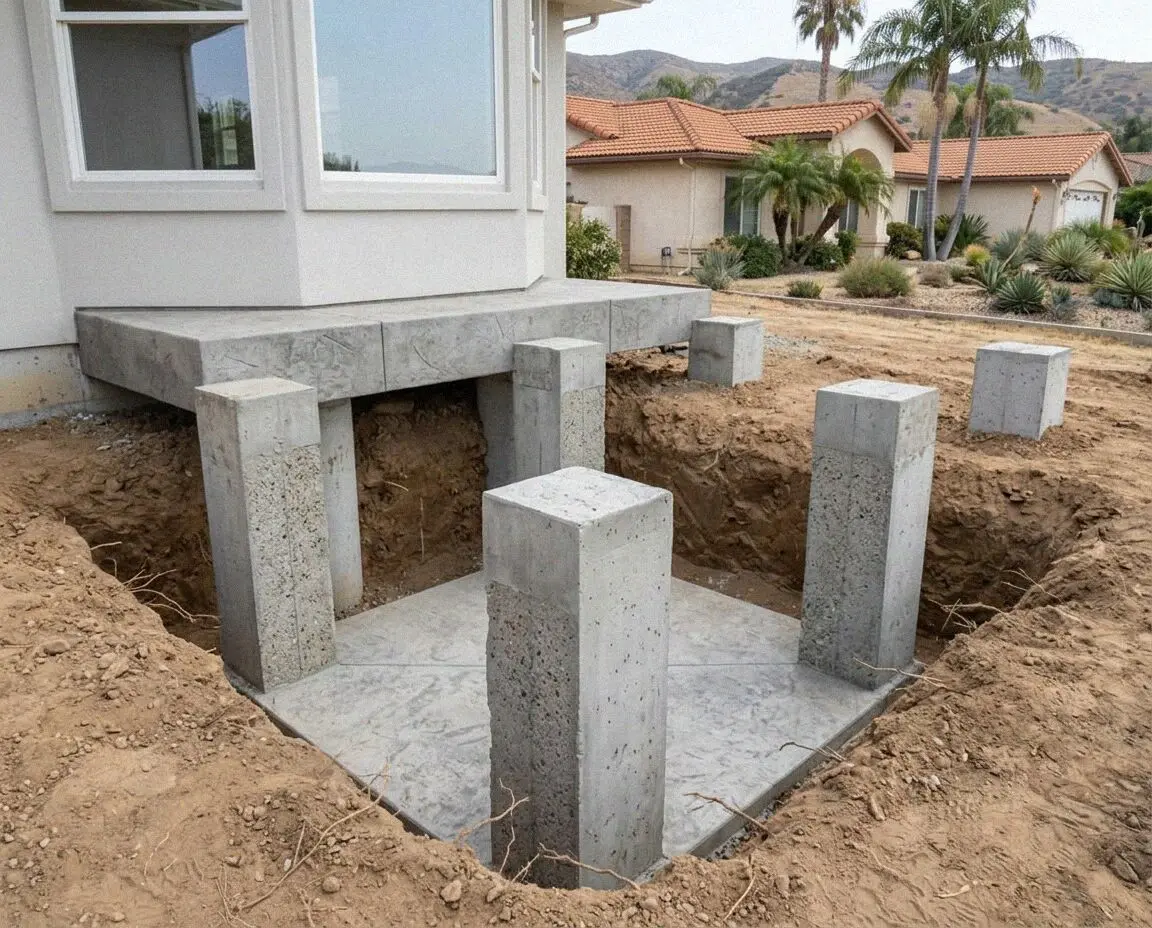 House corner carried on new concrete piers in Orange, CA, soil dug away