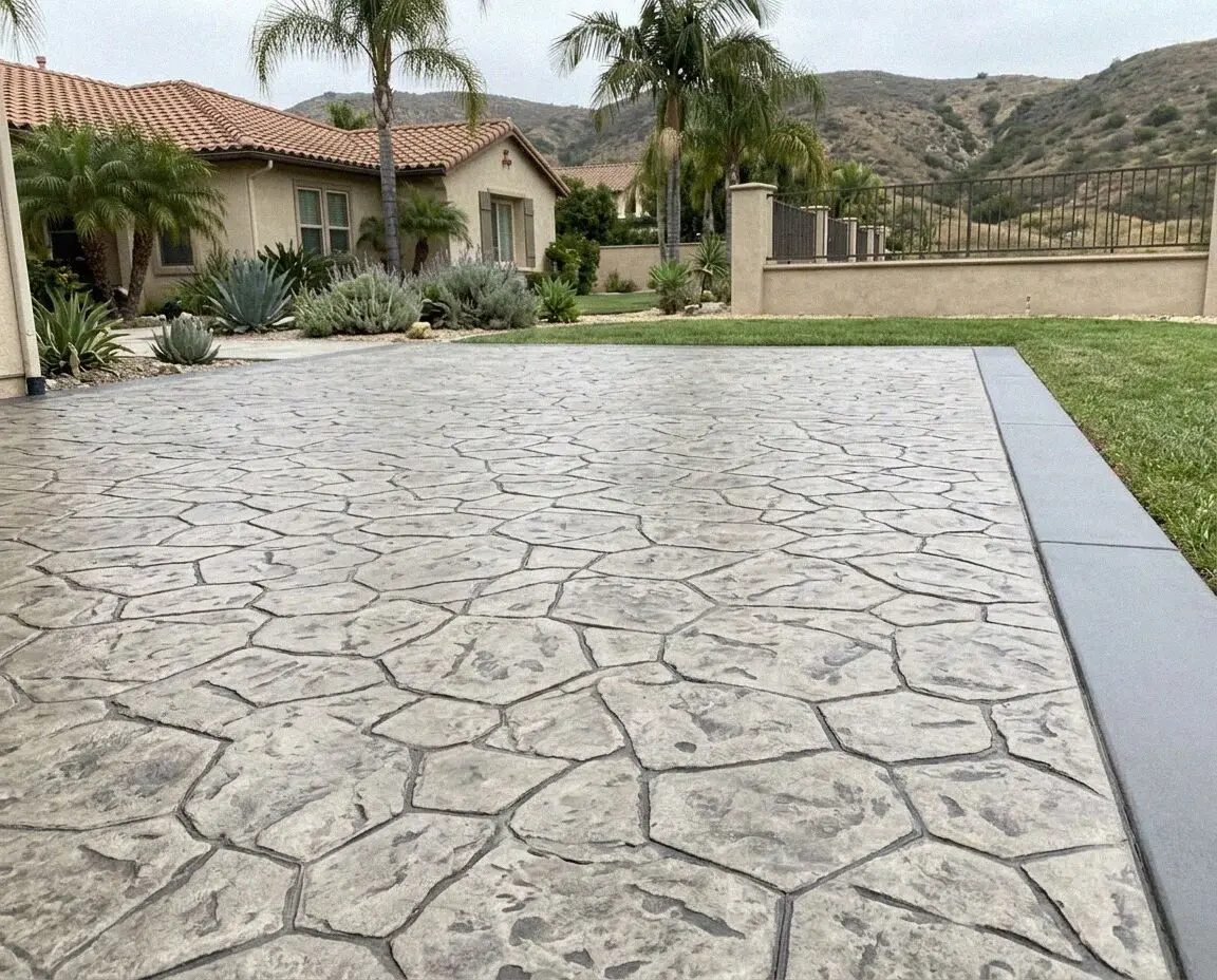 Finished stamped concrete patio in a flagstone pattern at an Orange home